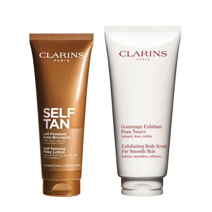 Duo „Bräunen + Peeling“ – Selbstbräunungsmilch & Peeling-Körperpeeling für glatte, sonnengeküsste Haut